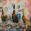 A painting of 5 ducks that seem to be gathered around intently engaged as if they are listening to a story.  I like the variety of markings of all five birds in this piece.   Original Painting  105x105cm