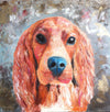 A limited edition giclee print on fine art archival paper of a golden Cocker Spaniel on a neutral background with hints of golds and bronze. 