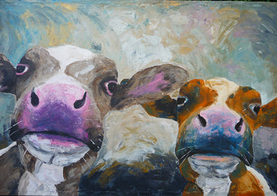 A limited edition giclee print of two cows on archival fine art paper. These comical cows are looking into the mirror and both competing for attention.