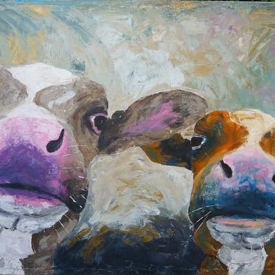 A limited edition giclee print of two cows on archival fine art paper. These comical cows are looking into the mirror and both competing for attention.